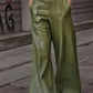 Daverri Fashions olive green faux leather high-waist wide-leg pants with metallic belt loops