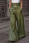 Daverri Fashions olive green faux leather high-waist wide-leg pants with metallic belt loops