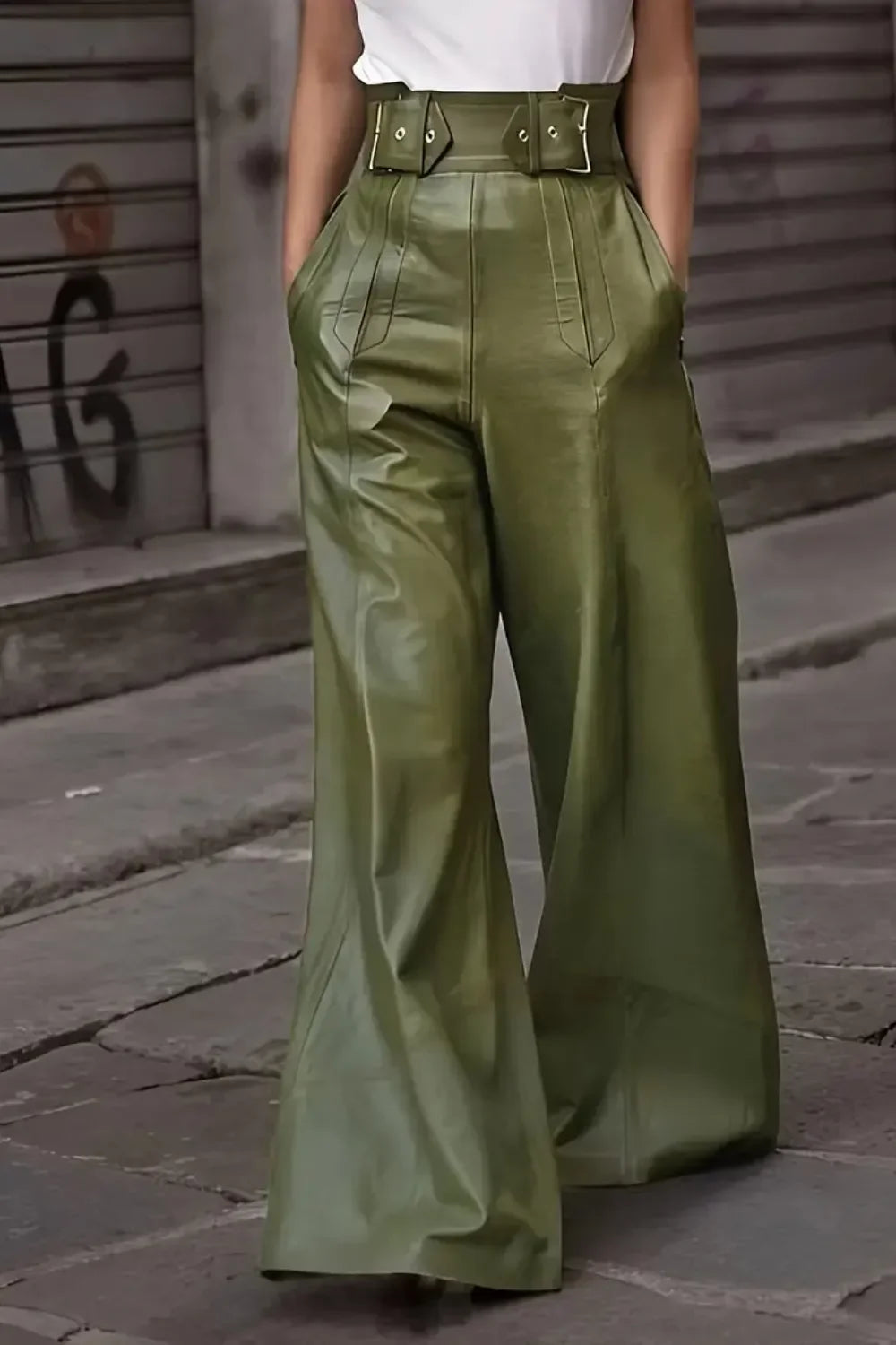 Daverri Fashions olive green faux leather high-waist wide-leg pants with metallic belt loops