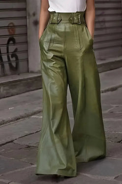 Daverri Fashions olive green faux leather high-waist wide-leg pants with metallic belt loops