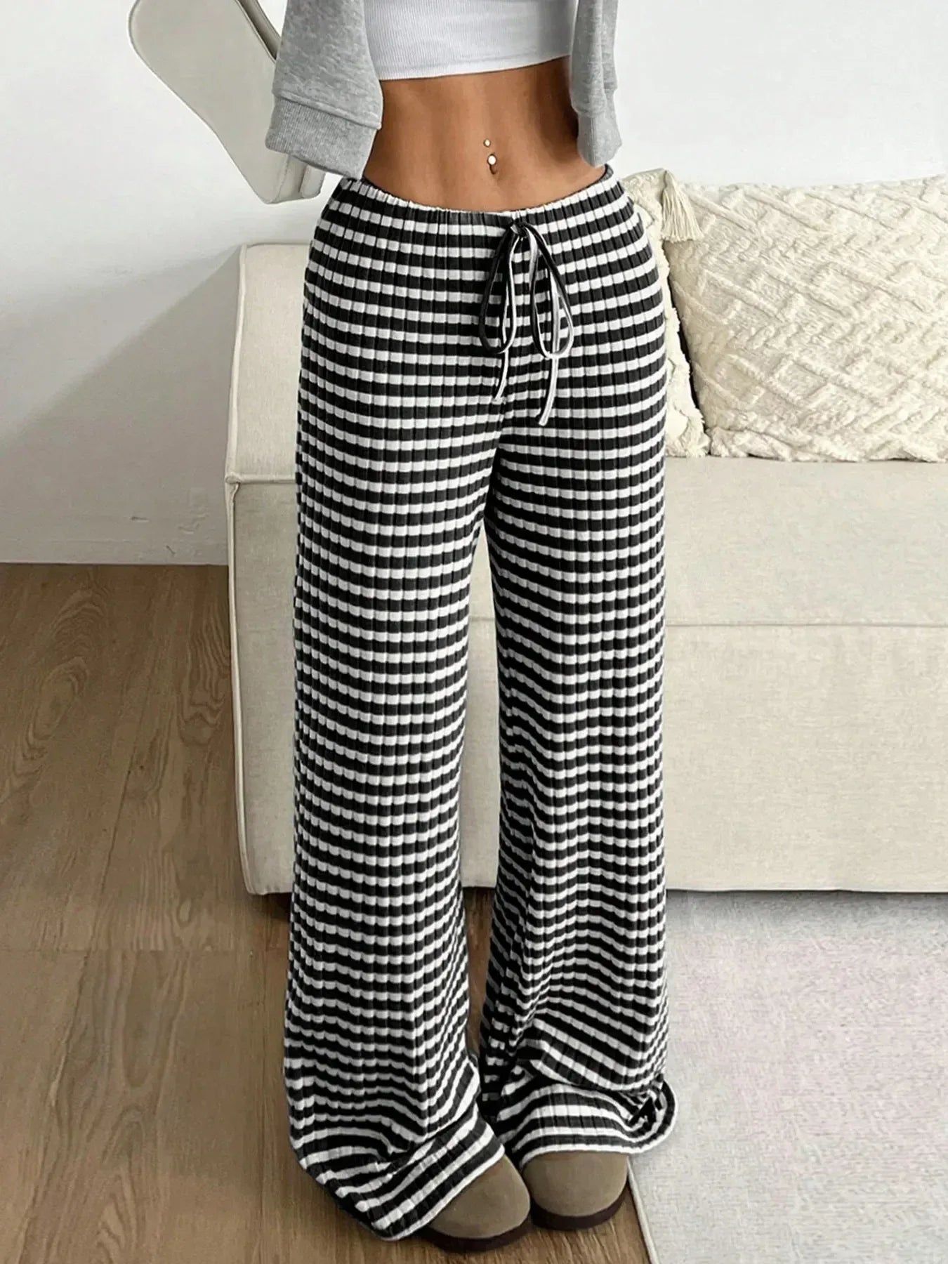 Striped Wide Leg Drawstring Pants - DAVERRI FASHIONS