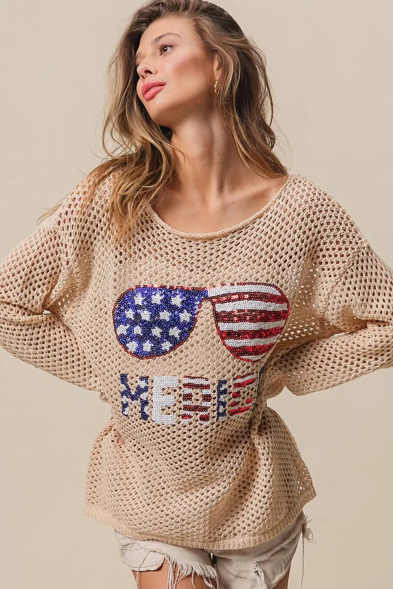 BiBi Sequin American Flag Sunglasses Knit Top Tops