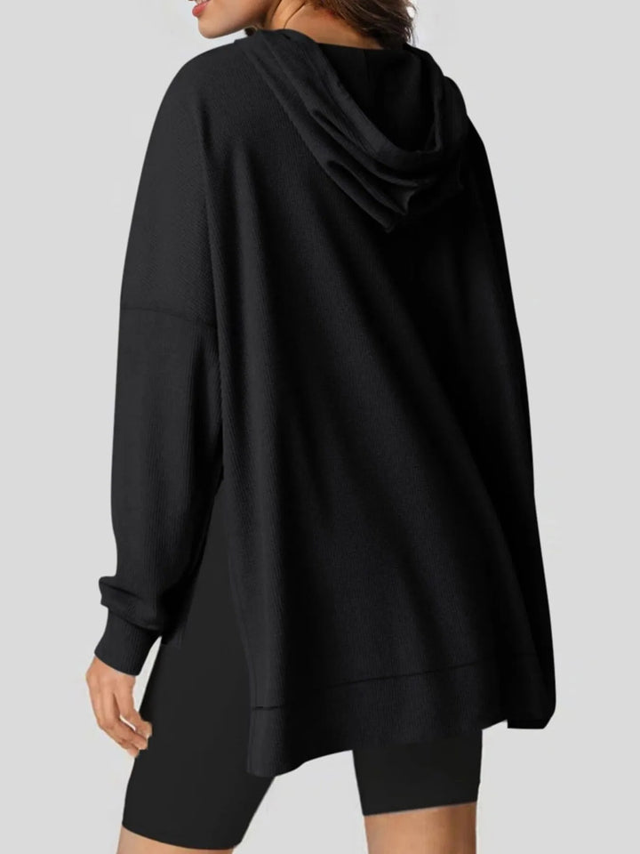 Slit Drawstring Waffle Knit Hoodie | Hoodies Daverri Fashions