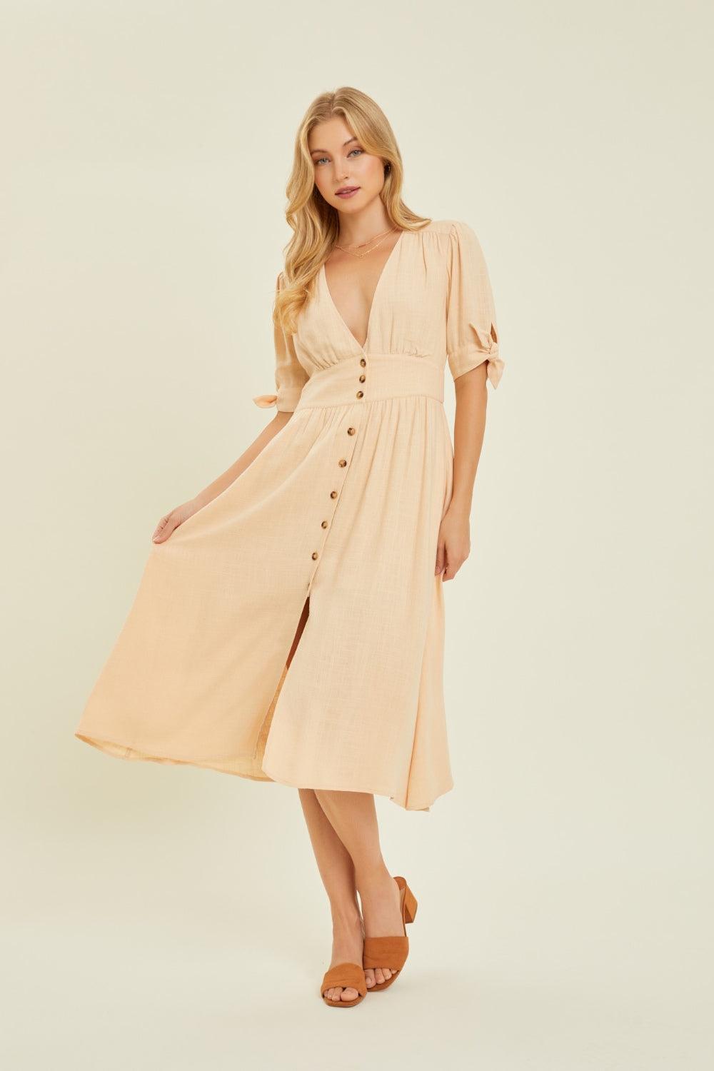 HEYSON Full Size Textured Linen V-Neck Button-Down Midi Dress Midi Dresses