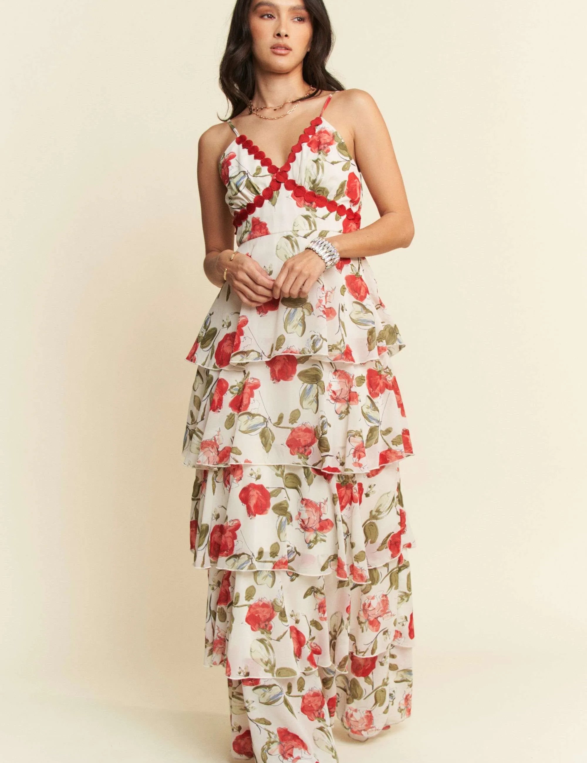 Davi & Dani Contrast Ring Lace Layered Ruffle Maxi Cami Dress | Cami Dresses Daverri Fashions