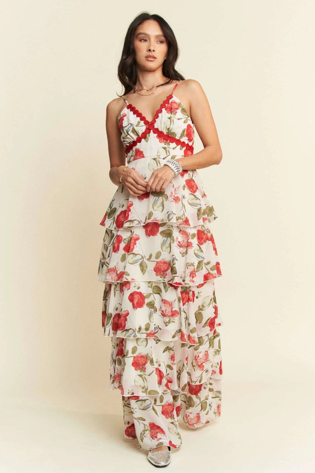 Davi & Dani Contrast Ring Lace Layered Ruffle Maxi Cami Dress Cami Dresses