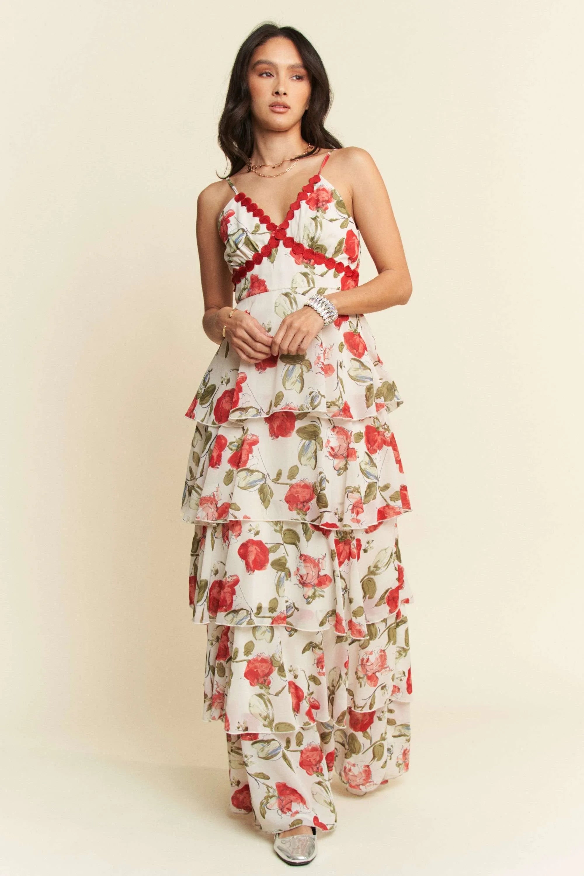 Davi & Dani Contrast Ring Lace Layered Ruffle Maxi Cami Dress Cami Dresses