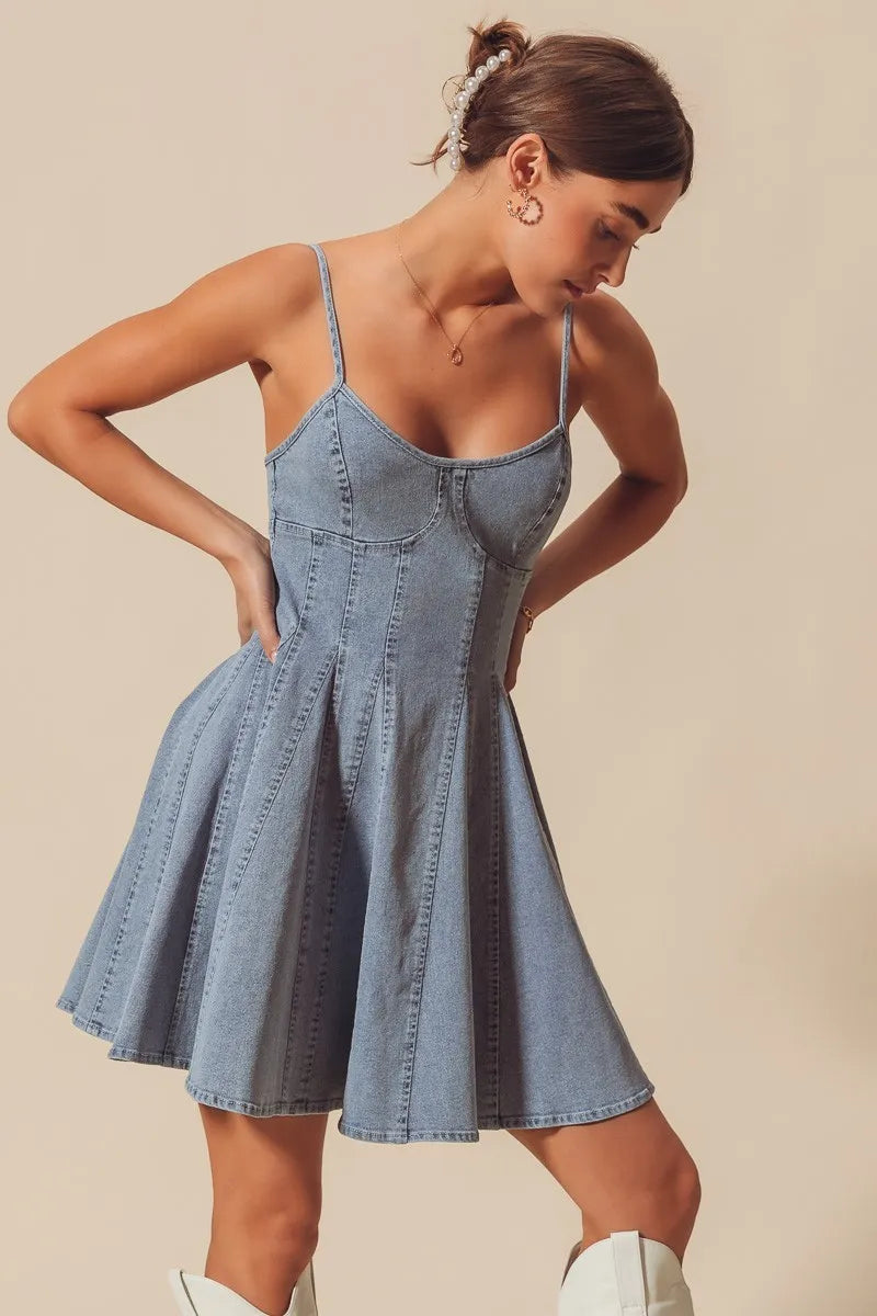 SO ME light blue A-line fit and flare denim mini dress