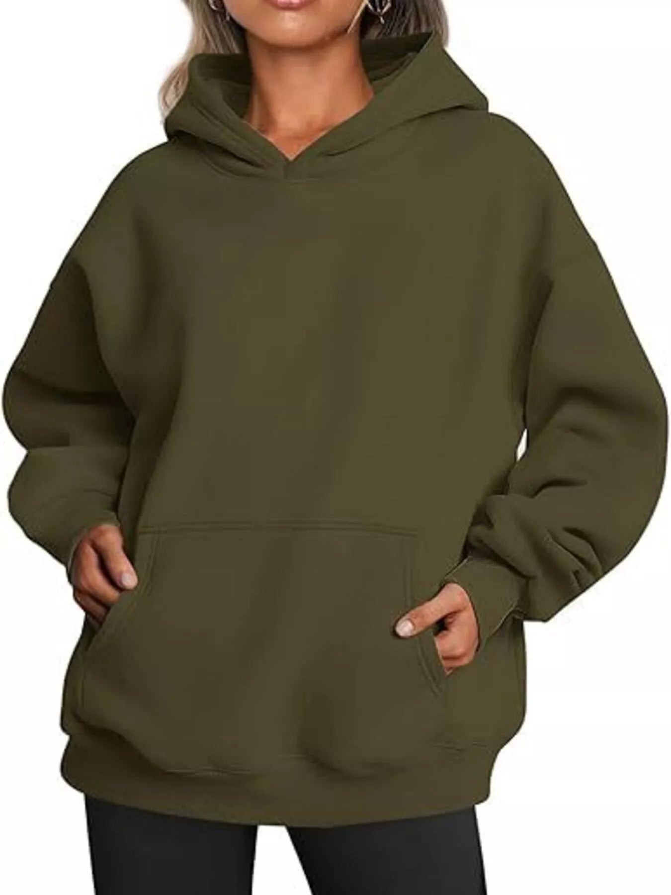 Olive green oversized kangaroo pocket long sleeve hoodie with drawstring hood