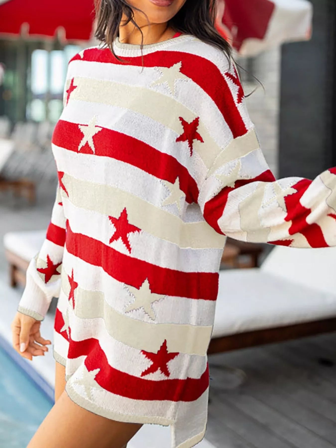 Daverri Stars and Stripes sweater dress with red white cream stripes stars