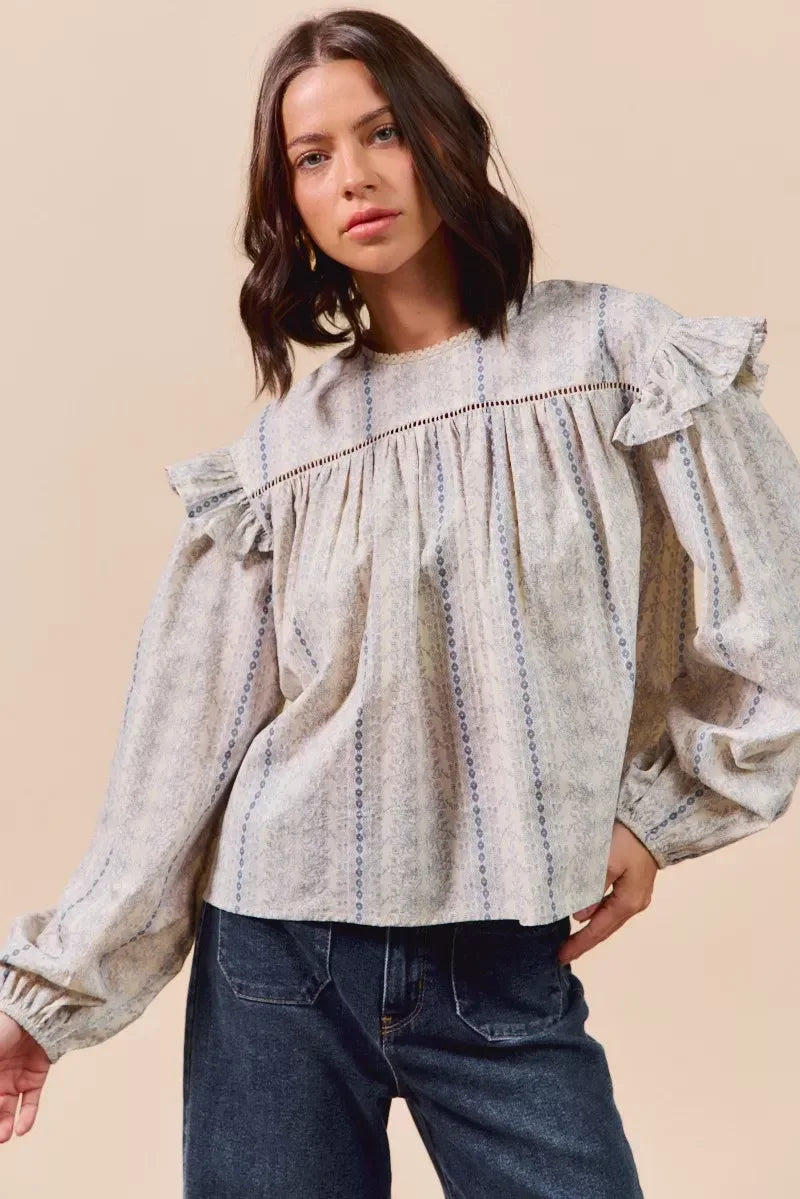 SO ME Floral Cotton Print Ruffled Long Sleeve Blouse - DAVERRI FASHIONS