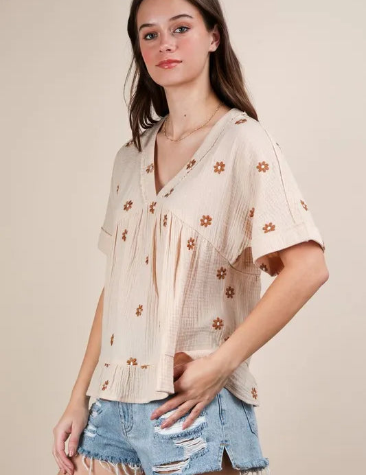 VERY J Flower Embroidered Woven Blouse | Blouses Daverri Fashions