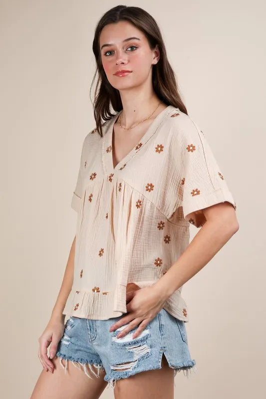 VERY J Flower Embroidered Woven Blouse | Blouses Daverri Fashions