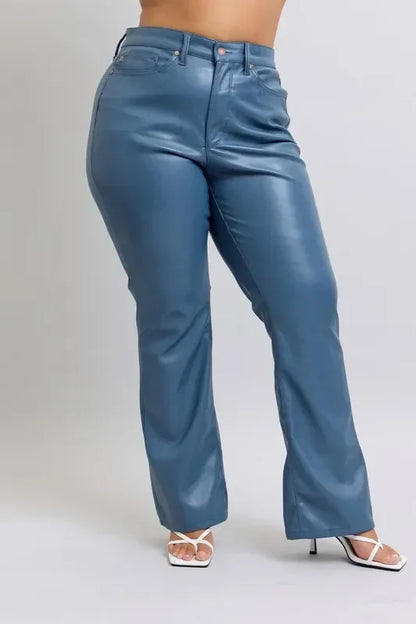 Judy Blue Full Size High Waist Tummy Control Faux Leather Bootcut Pants Plus Size - DAVERRI FASHIONS
