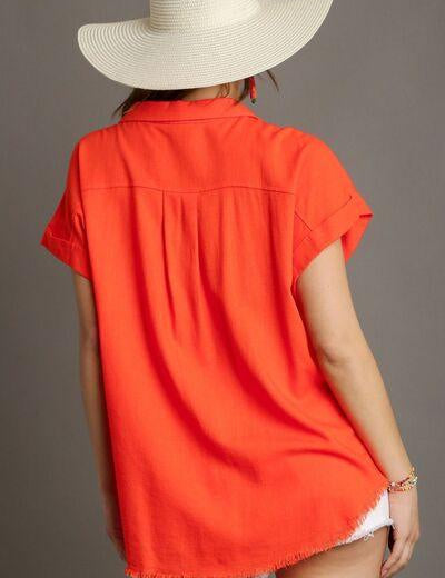 Umgee Full Size Linen Blend Button Down Short Folded Sleeve Shirt Plus Size | Shirts Daverri Fashions