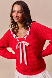 SO ME Satin Tape Braided Ribbon Tie V Neck Sweater | Sweaters Daverri Fashions