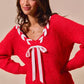 SO ME Satin Tape Braided Ribbon Tie V Neck Sweater - DAVERRI FASHIONS