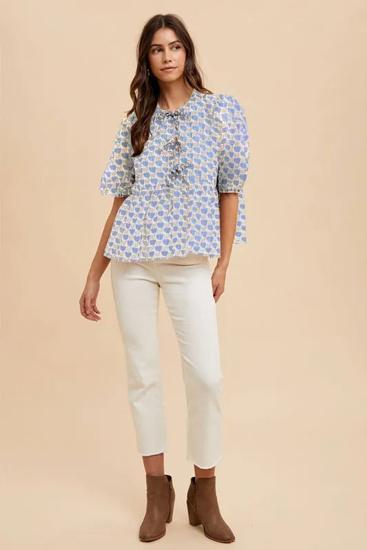 Annie Wear Printed Front Tie Closure Babydoll Blouse