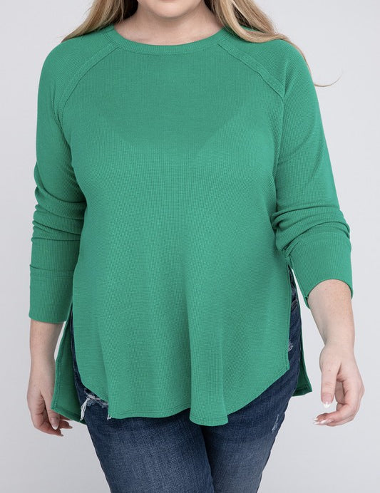 Plus Melange Baby Waffle Long Sleeve Top K GREEN Plus Tops