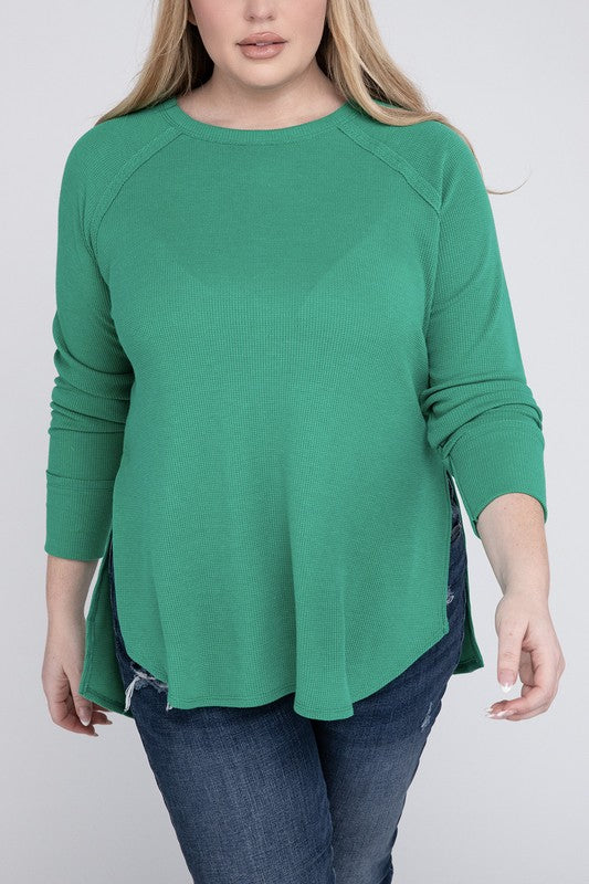 Plus Melange Baby Waffle Long Sleeve Top K GREEN Plus Tops