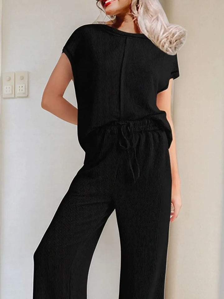 Ribbed Exposed Seam Top and Pants Set | Loungewear Sets Daverri Fashions