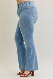 Light blue Judy Blue mid-rise flare jeans with high waist button fly