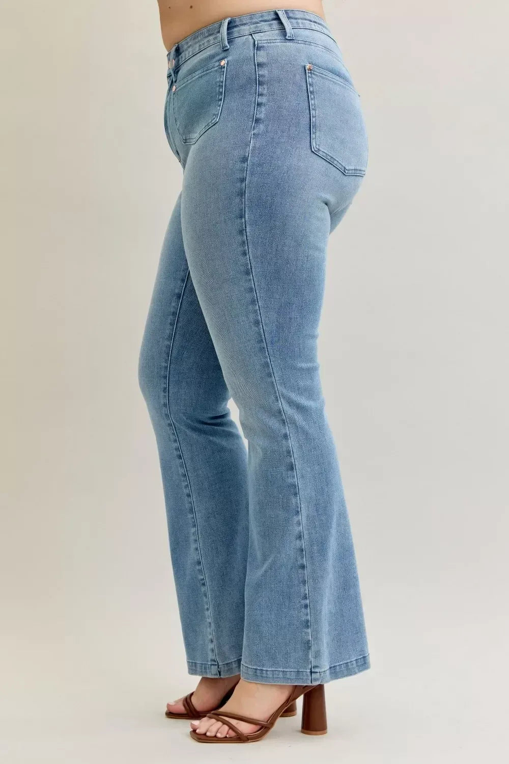 Judy Blue Full Size Mid Rise Bootcut Jeans with Contrast Wash & Front Patch Pockets Plus Size - DAVERRI FASHIONS