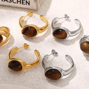 Stainless Steel Natural Tiger's Eye C-Hoop Earrings | Earrings Daverri Fashions
