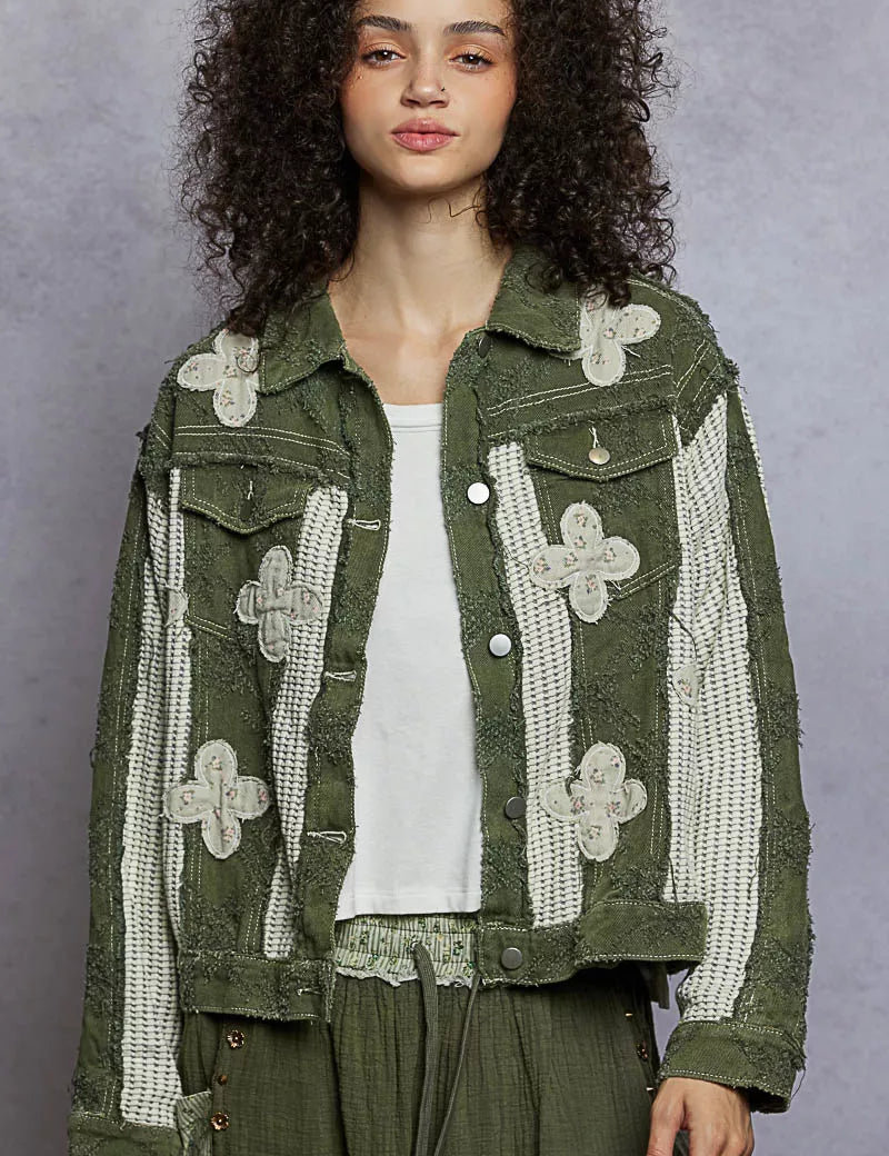POL Button Down Raw Hem Jacket with Floral Patch | Jackets Daverri Fashions
