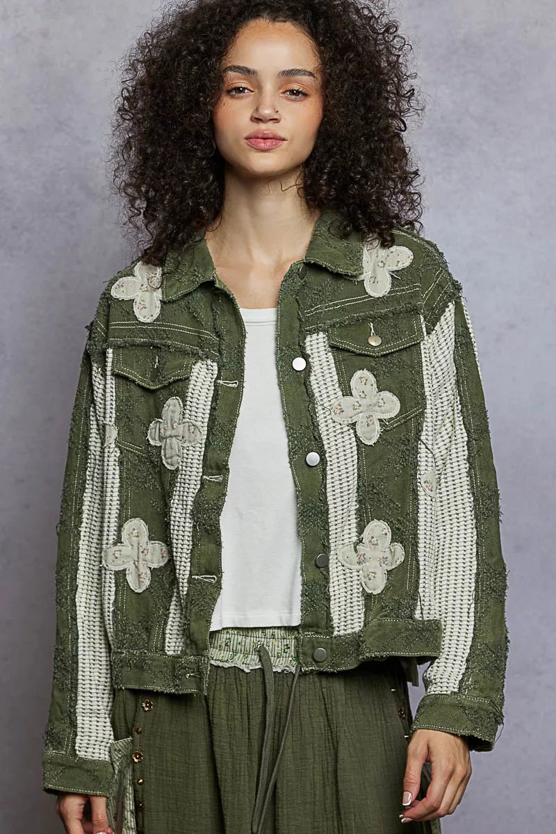 POL Button Down Raw Hem Jacket with Floral Patch | Jackets Daverri Fashions