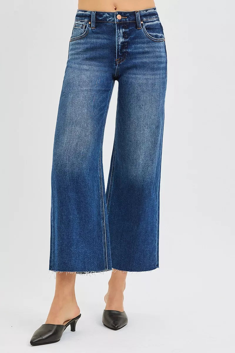 RISEN Full Size Mid Rise Crop Wide Raw Cut Hem Jeans Plus Size | Jeans Daverri Fashions