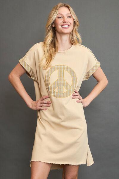 Umgee Peace Plaid Applique Short Sleeve Mini Dress Pastel Yellow Mini Dresses