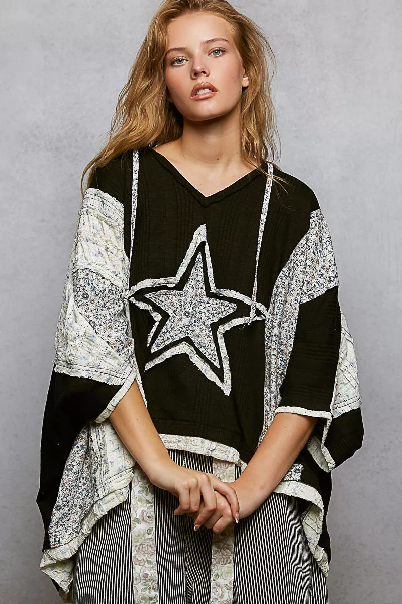 Black and white POL floral star patch hooded blouse poncho with lace