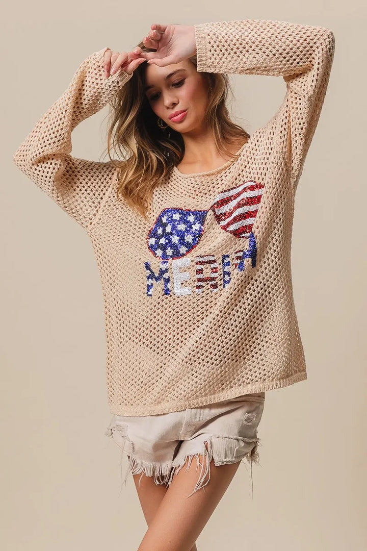 BiBi Sequin American Flag Sunglasses Knit Top Tops