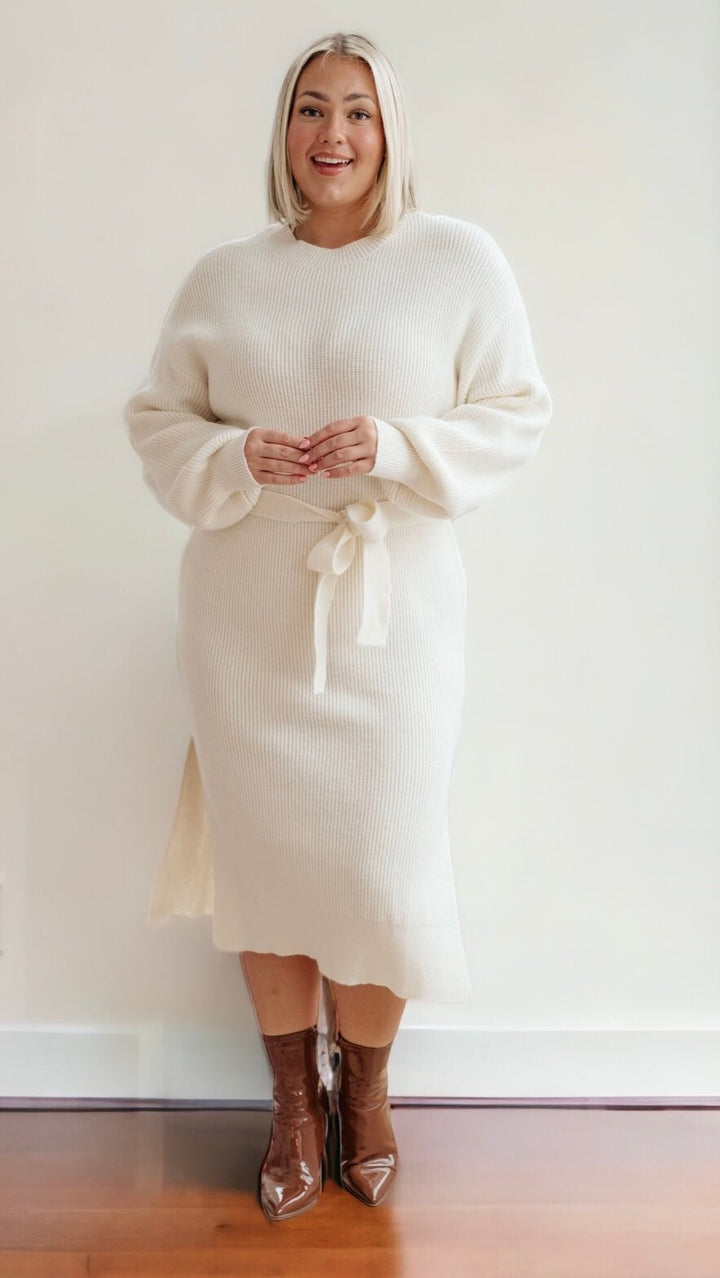 Plus Balloon Sleeve Sweater Dress Midi Dresses