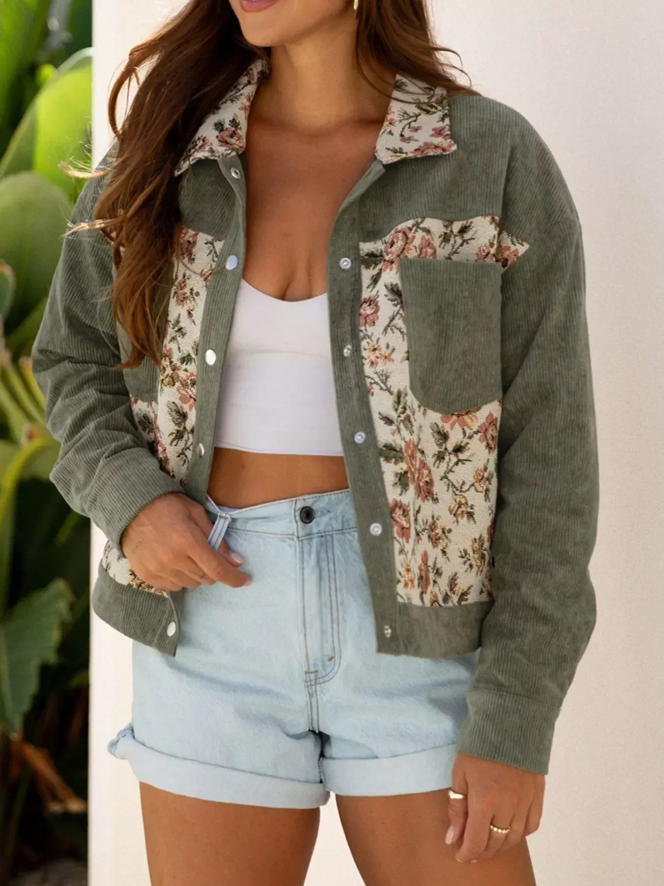 Floral Snap Down Corduroy Jacket - DAVERRI FASHIONS
