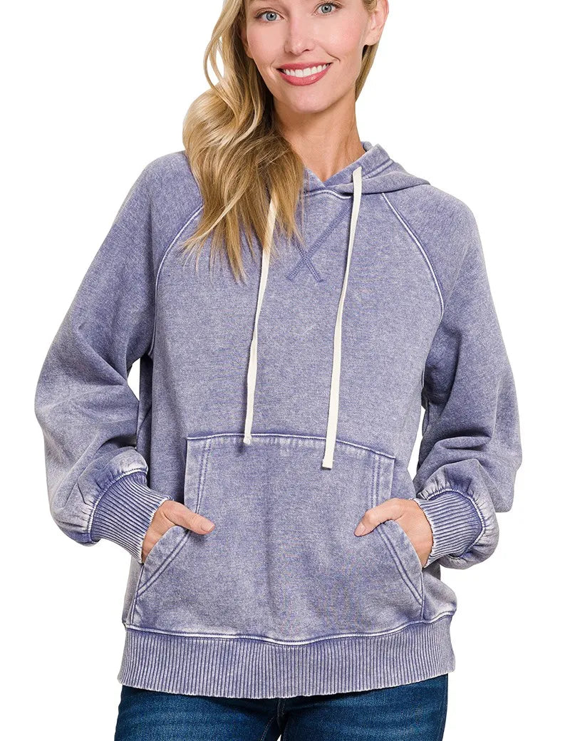 MARLIN Zenana Acid Wash Fleece Hoodie with Kangaroo Pocket Marlin | Hoodies Daverri Fashions