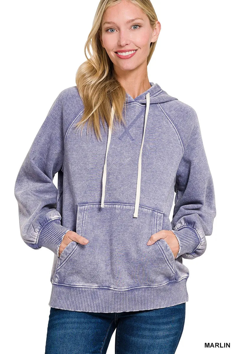 MARLIN Zenana Acid Wash Fleece Hoodie with Kangaroo Pocket Marlin | Hoodies Daverri Fashions