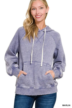 Zenana Acid Wash Fleece Hoodie with Kangaroo Pocket Marlin - DAVERRI FASHIONS