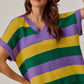 Vibrant purple, green, yellow striped V-neck knit sweater top