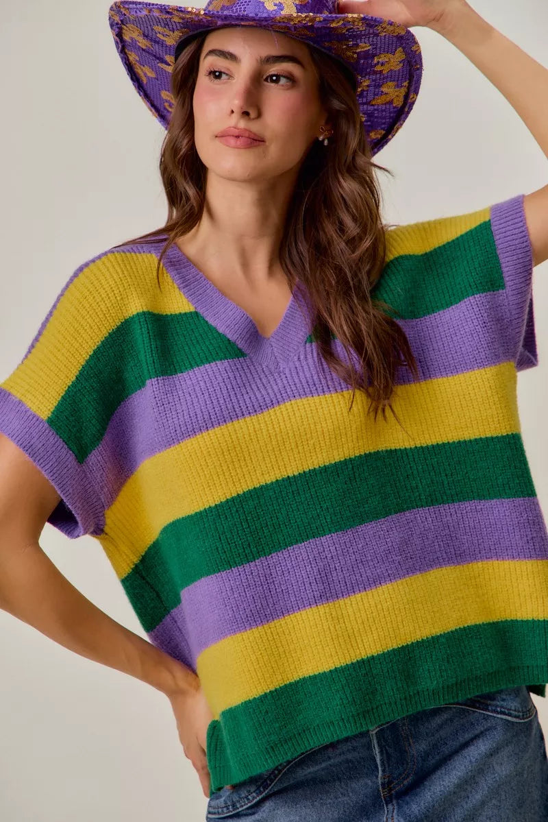 Vibrant purple, green, yellow striped V-neck knit sweater top