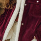 Daverri Sherpa Collar Corduroy Button-Up Jacket in maroon with white shearling lining