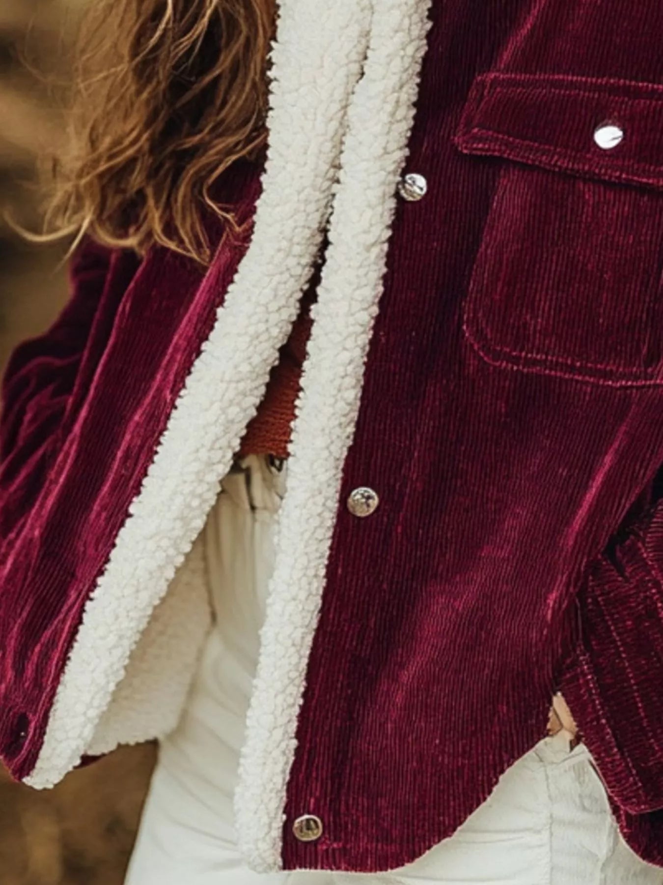 Daverri Sherpa Collar Corduroy Button-Up Jacket in maroon with white shearling lining