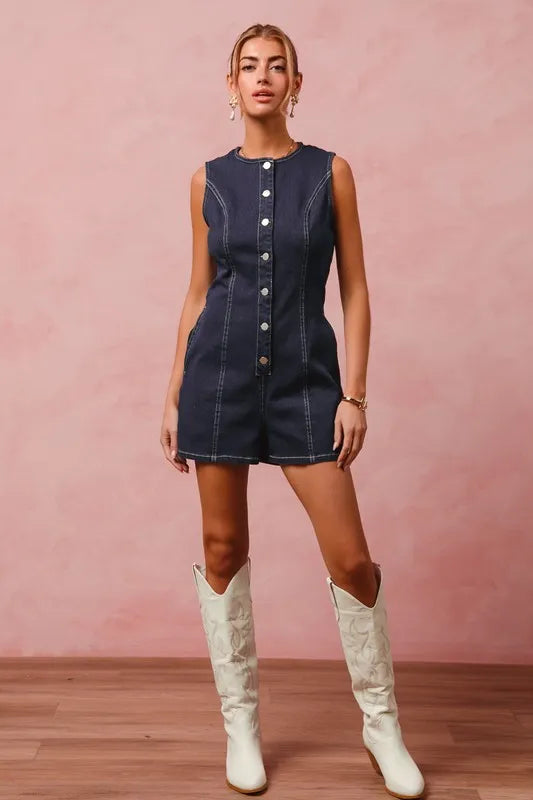 SO ME Button Up Front Washed Denim Sleeveless Romper Rompers