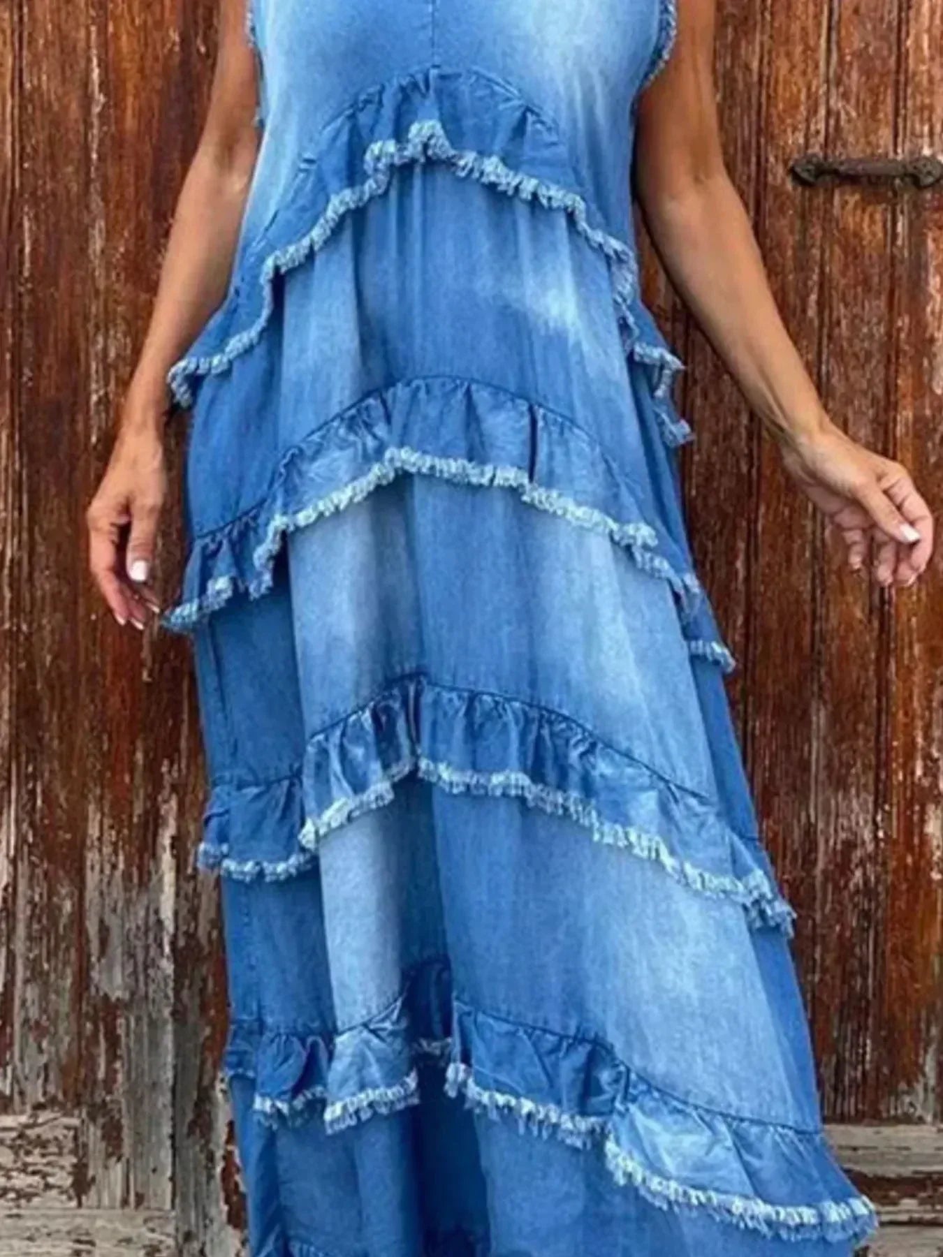 Raw Hem Layered Denim Maxi Dress - DAVERRI FASHIONS