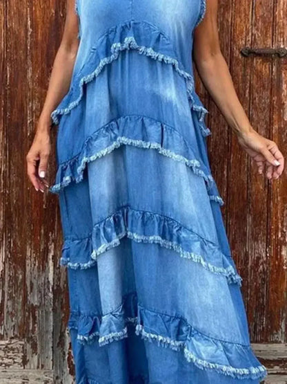 Raw Hem Layered Denim Maxi Dress - DAVERRI FASHIONS