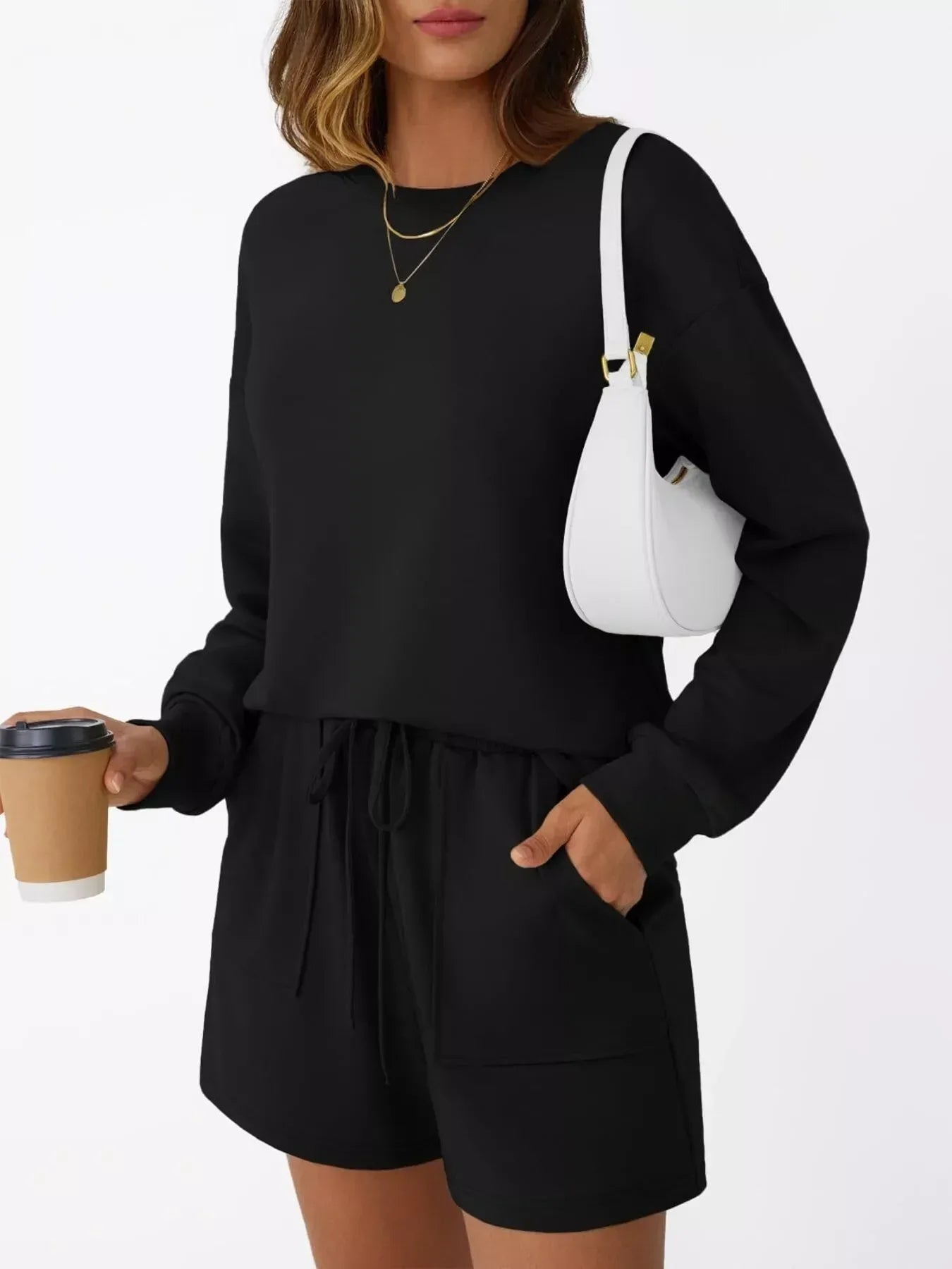 Round Neck Long Sleeve Top and Shorts Set - DAVERRI FASHIONS