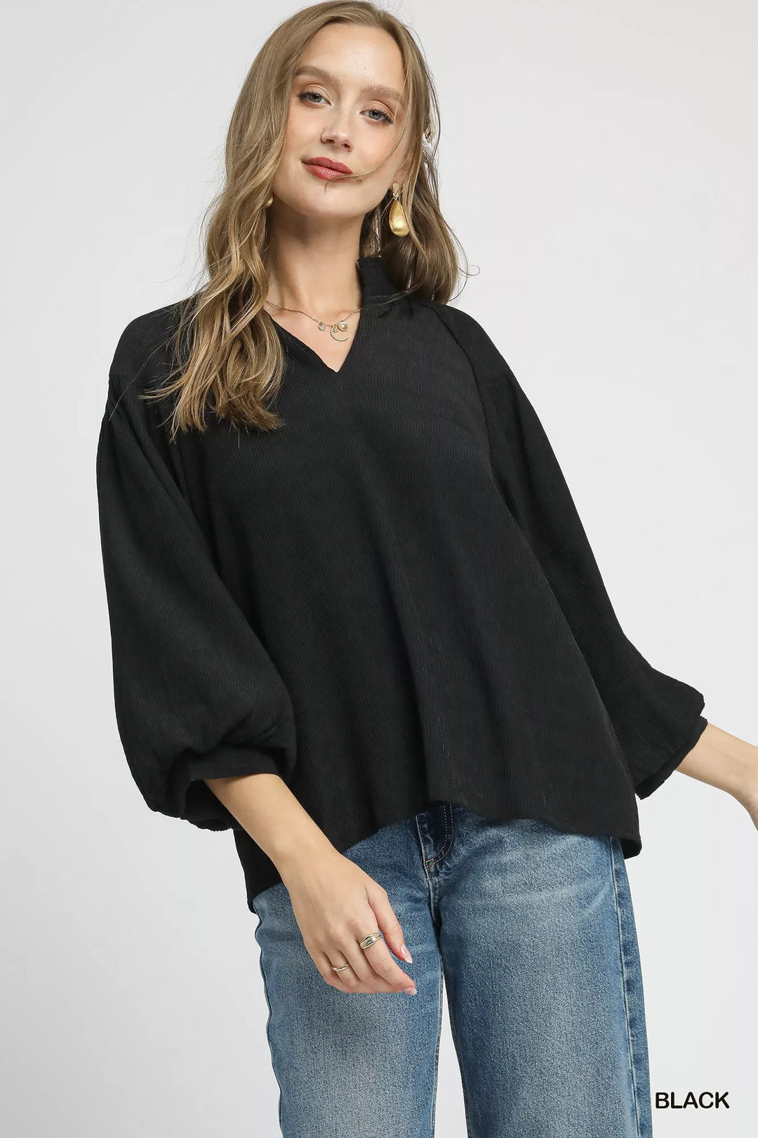 Black Umgee Textured V-Neck Blouse with Balloon Sleeves | Blouses Daverri Fashions