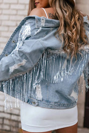 Sequin Fringe Trim Distressed Button Up Denim Jacket | Denim Jackets Daverri Fashions