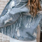 Sequin Fringe Trim Distressed Button Up Denim Jacket - DAVERRI FASHIONS